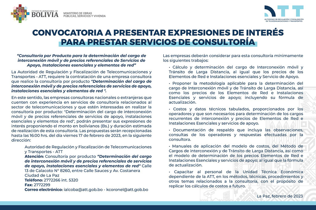 Convocatoria a presentar Expresiones de Interés para prestar Servicios De Consultoría