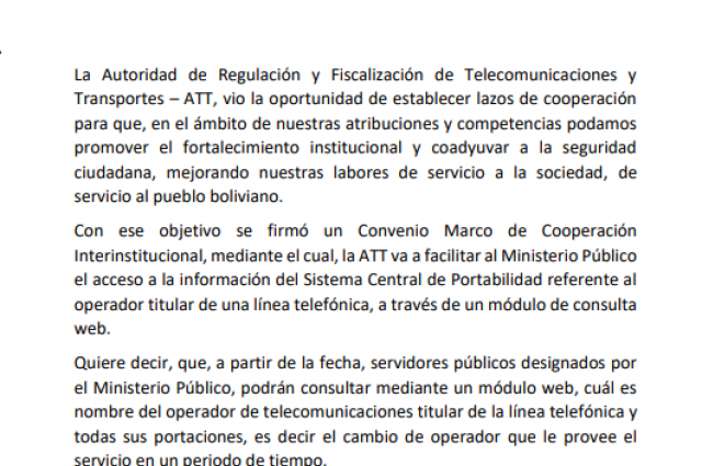 "ACCESO A LA INFORMACIÓN DEL SISTEMA CENTRAL DE PORTABILIDAD NUMÉRICA” FIRMA DE CONVENIOS ATT Y MINISTERIO PÚBLICO