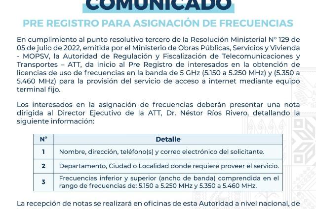 ATT - Comunica el Pre Registro para asignacion de Frecuencias en la banda 5GHz (5.150 a 5.250 MHz) y (5.350 a 5.460 MHz)