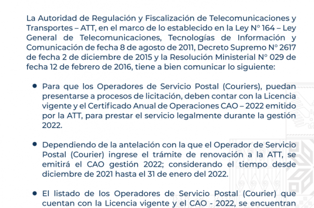 ATT - Recuerda a los operadores de Servicio Postal requieren el certificado Anual de Operaciones para presentarse a Licitaciones