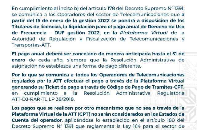 ATT - Comunica a todos los Operadores de Telecomunicaciones regulados por la ATT efectuar el pago a traves de Codigo CPT (Código de Pago de Tramites)