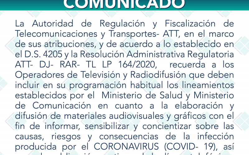 RECORDAMOS a los Operadores de Televisión y Radiodifusión que deben incluir en su programación habitual los lineamientos establecidos por el Ministerio de Salud y Ministerio de Comunicación