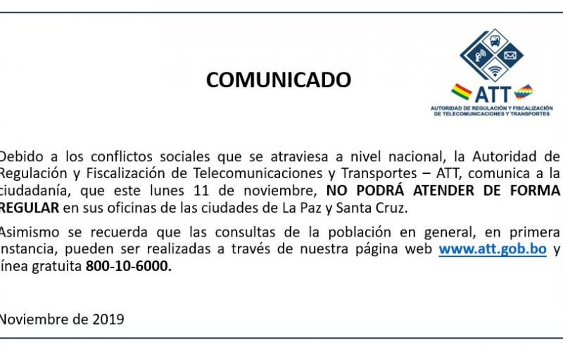 Comunicado - Atención no regular 11 de noviembre oficinas de La Paz y Santa Cruz