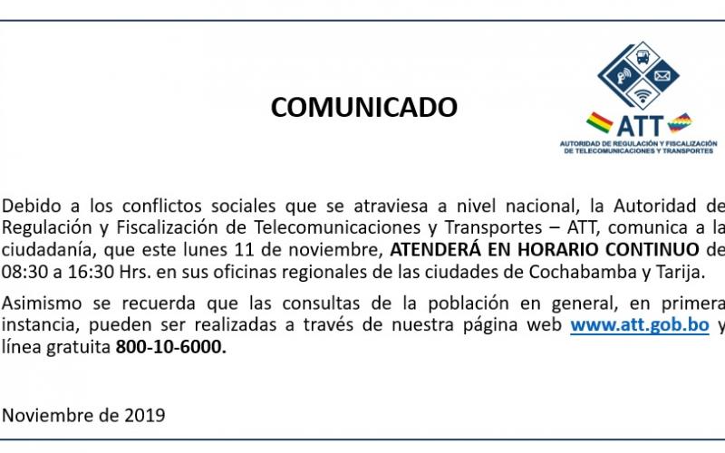 Comunicado - Horario Continuo 11 de noviembre Oficinas Regionales Cochabamba y Tarija