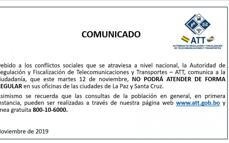 Comunicado - Atención no regular 12 de noviembre oficinas de La Paz y Santa Cruz