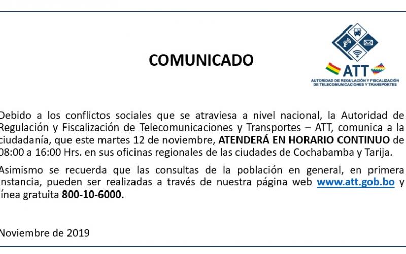 Comunicado - Horario Continuo 12 de noviembre Oficinas Regionales Cochabamba y Tarija