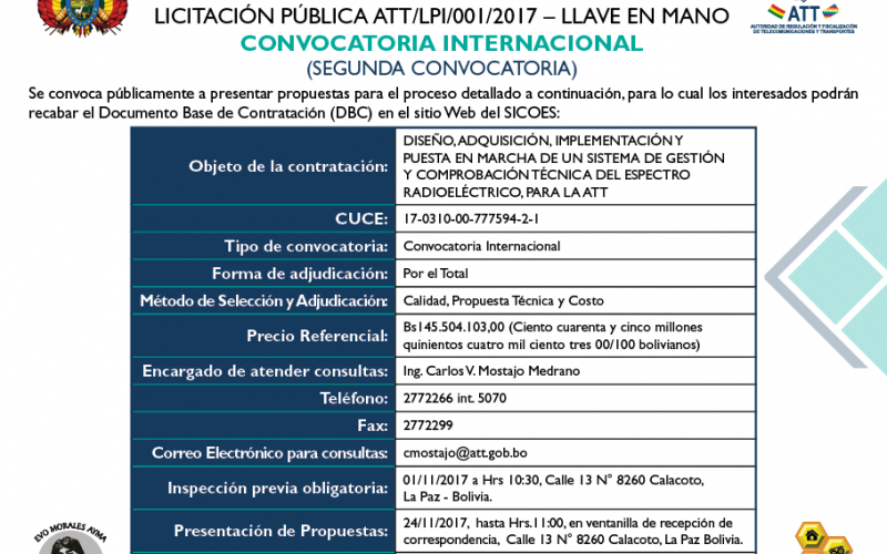 Licitación Pública ATT/LPI/001/2017-Llave en Mano - Convocatoria Internacional (Segunda Convocatoria)