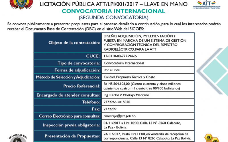 Licitación Pública ATT/LPI/001/2017-Llave en Mano - Convocatoria Internacional (Tercera Convocatoria)