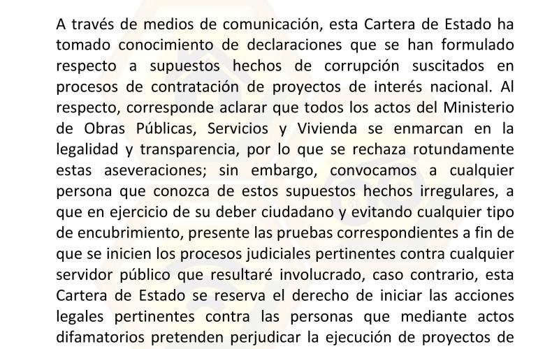 Nota aclaratoria del Ministerio de Obras Públicas