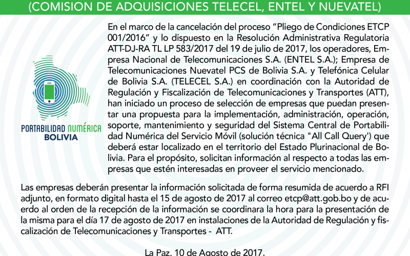 RFI - Solicitud de Información - Portabilidad Numérica (Comisión de Adquisiciones Telecel, Entel y Nuevatel)