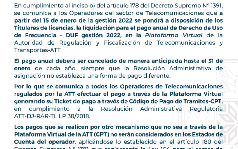 ATT - Comunica a todos los Operadores de Telecomunicaciones regulados por la ATT efectuar el pago a traves de Codigo CPT (Código de Pago de Tramites)