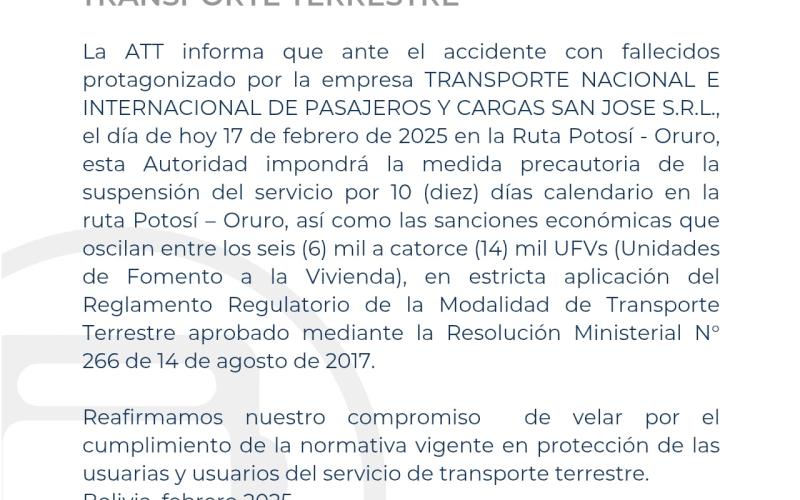 La ATT sanciona y suspende a dos empresas de transporte terrestre por poner en riesgo la seguridad de los pasajeros